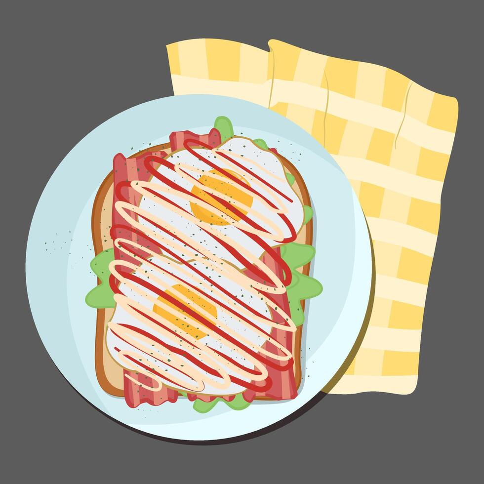 illustrations of toast with fried eggs and tomato, pepper and greens on bread. Isolated on grey background. Healthy breakfast. vector