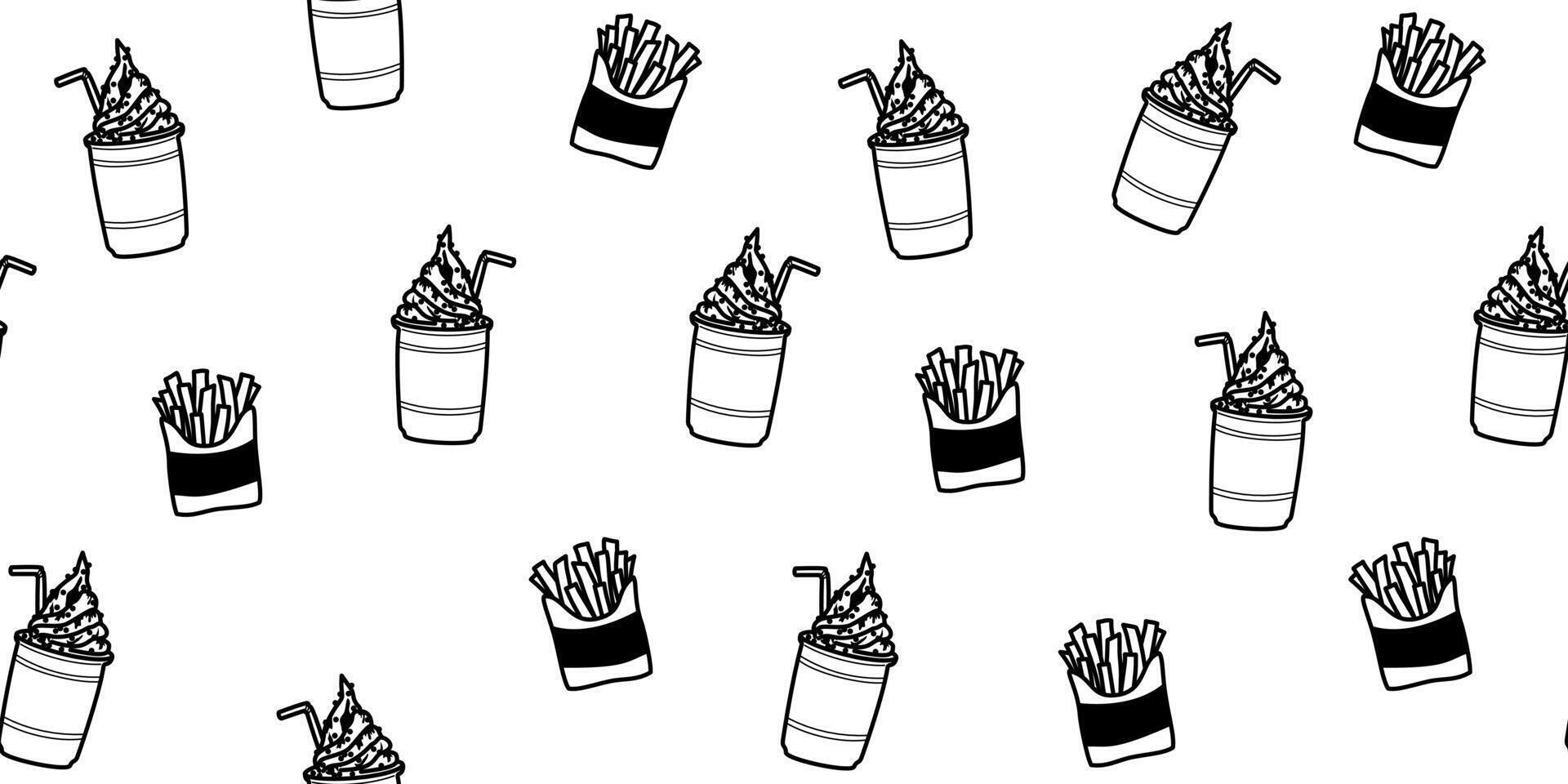 seamless pattern of outline iced drink with frappe and french fries on white background. vector