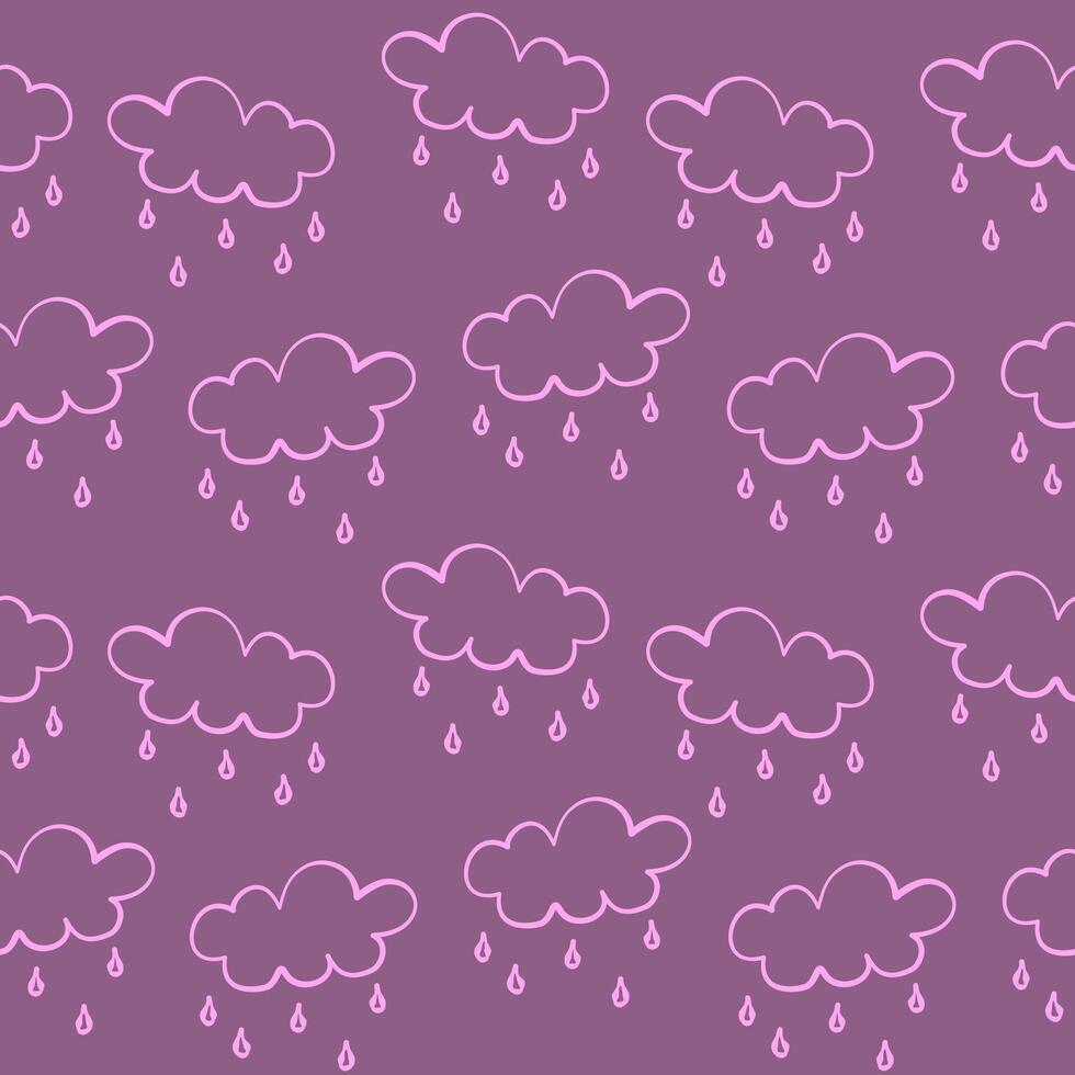 seamless pattern with pink clouds and rain drops on purple background vector