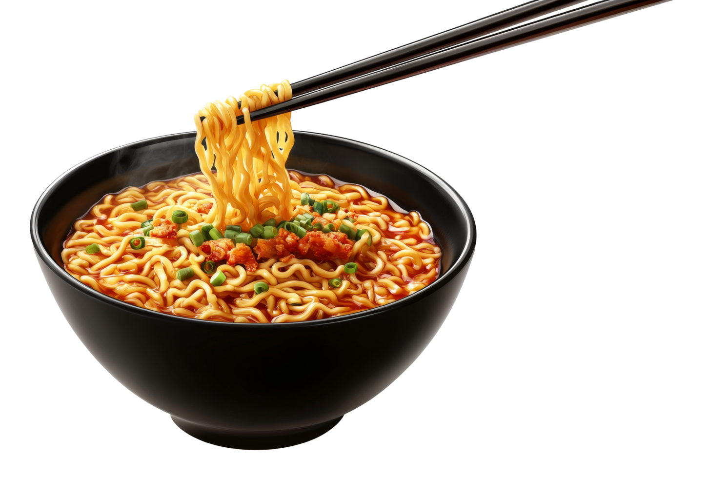 Delicious Bowl of Noodles with Fresh Ingredients and Steaming Hot Broth Perfect for a Cozy Meal Experience png