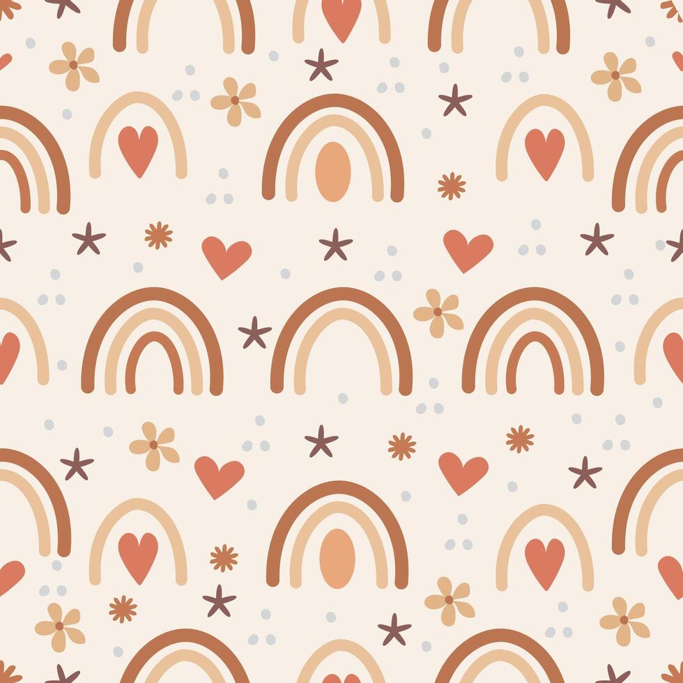 Boho Rainbow Seamless Pattern with Hand Drawn Hearts and Flowers, Cute Baby Background vector