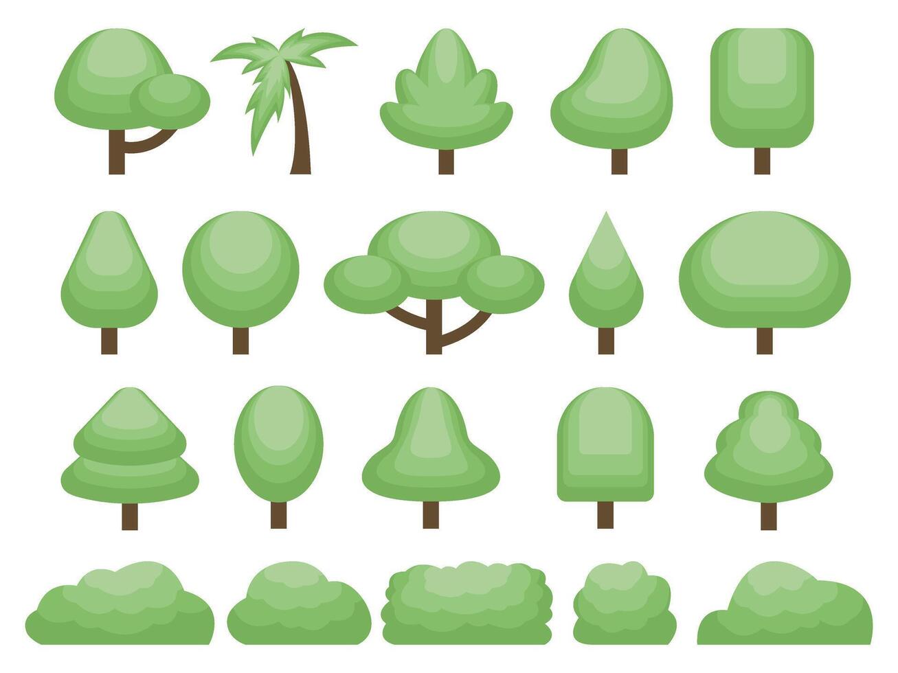 set of front view trees and bushes in difference shape. for landscape garden decoration. flat color illustration isolated on white background. vector