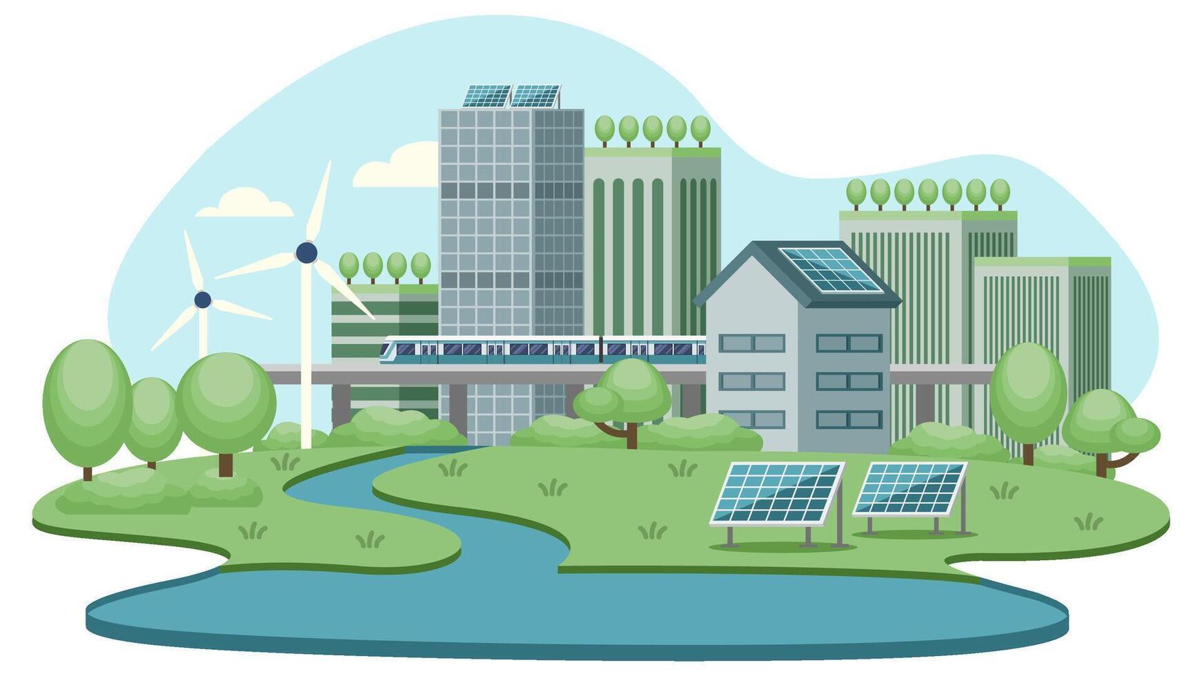 green sustainable city landscape size. urban forest, green building included architecture, green roof, solar cell, trees, windmill, sky trin, subway. vector