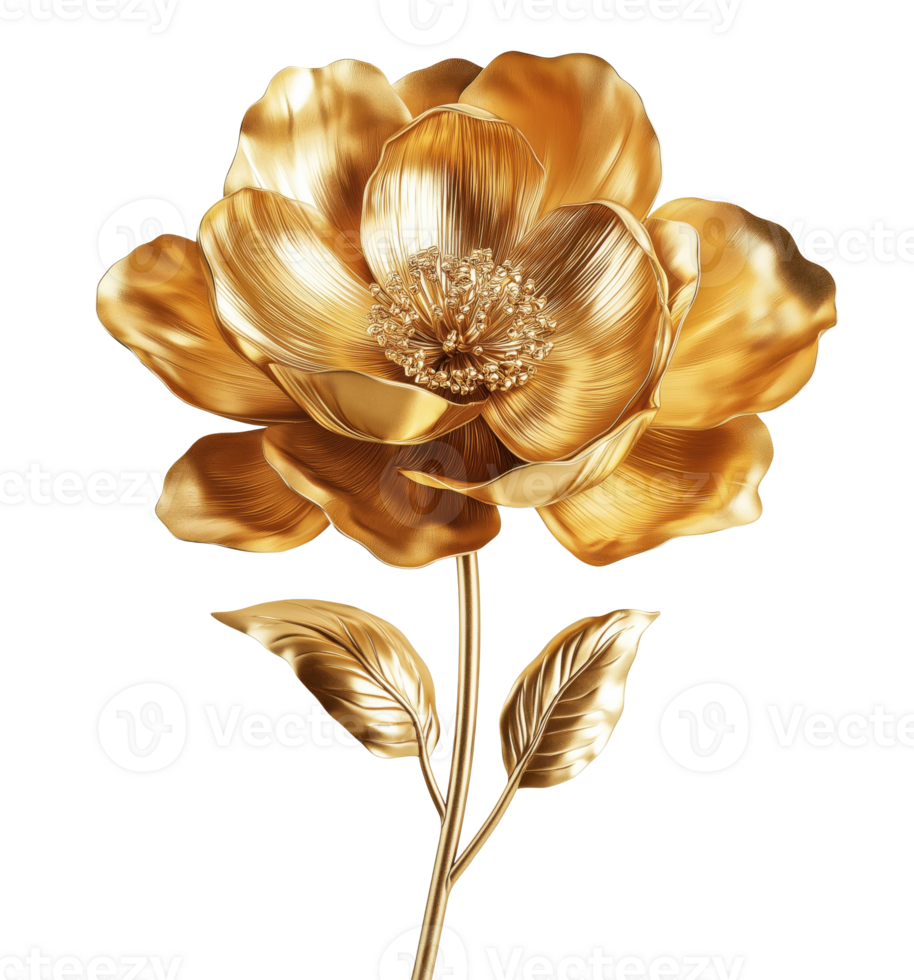 Golden flower with leaves isolated on transparent background png