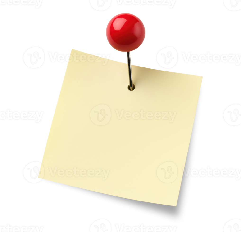 Blank yellow paper note with red push pin isolated on transparent background png