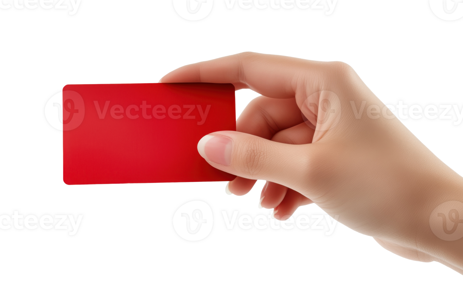 Hand with blank red gift card isolated on a transparent background png