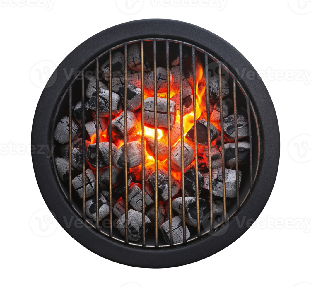 Round grill with charcoal and flame isolated on transparent background png