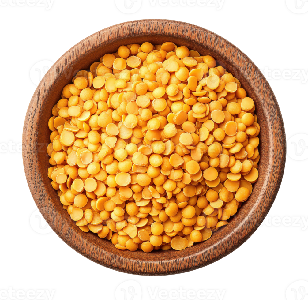 Wooden bowl with red lentils isolated on a transparent background, top view png