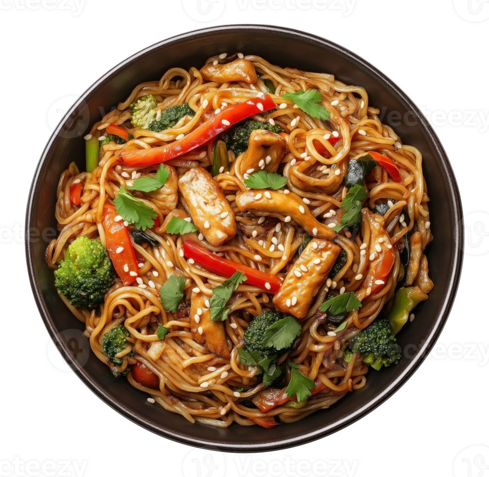 Black bowl with noodles and fried chicken with vegetables isolated on transparent background, top view png