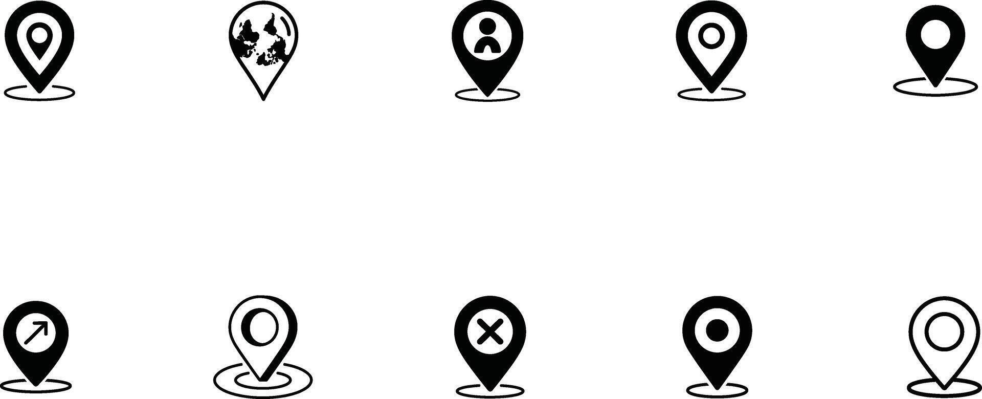 Diverse location icons set GPS map pin global person direction target delete simple black white vector
