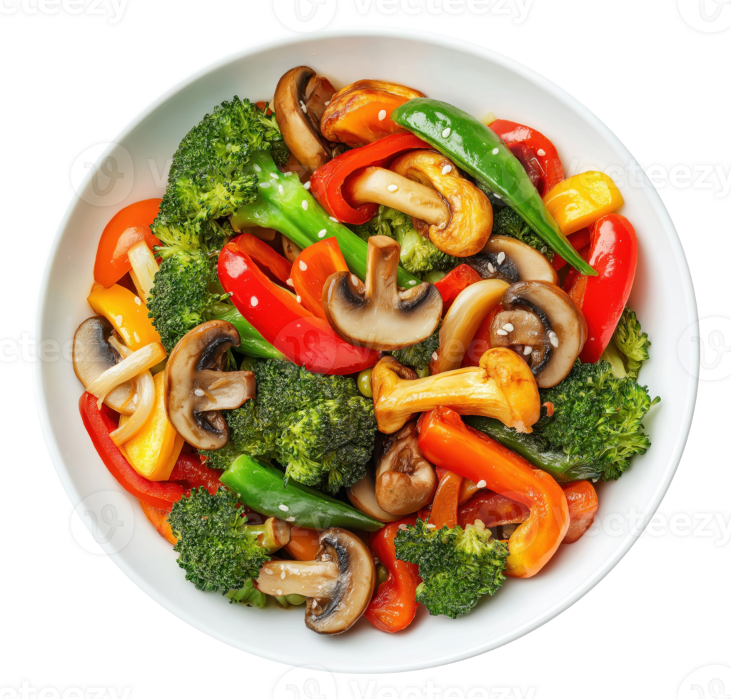Plate with stir fried vegetables isolated on transparent background, top view png