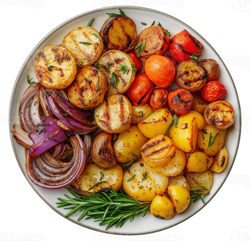 Grilled potatoes with vegetables isolated on transparent background png