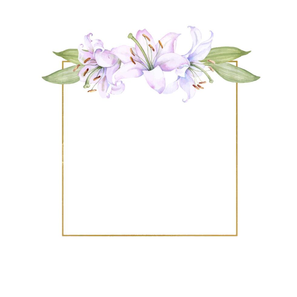 Round gold frame wreath with white and pink lily flowers, watercolor illustration. Isolated on white for decorating wedding invitations vector