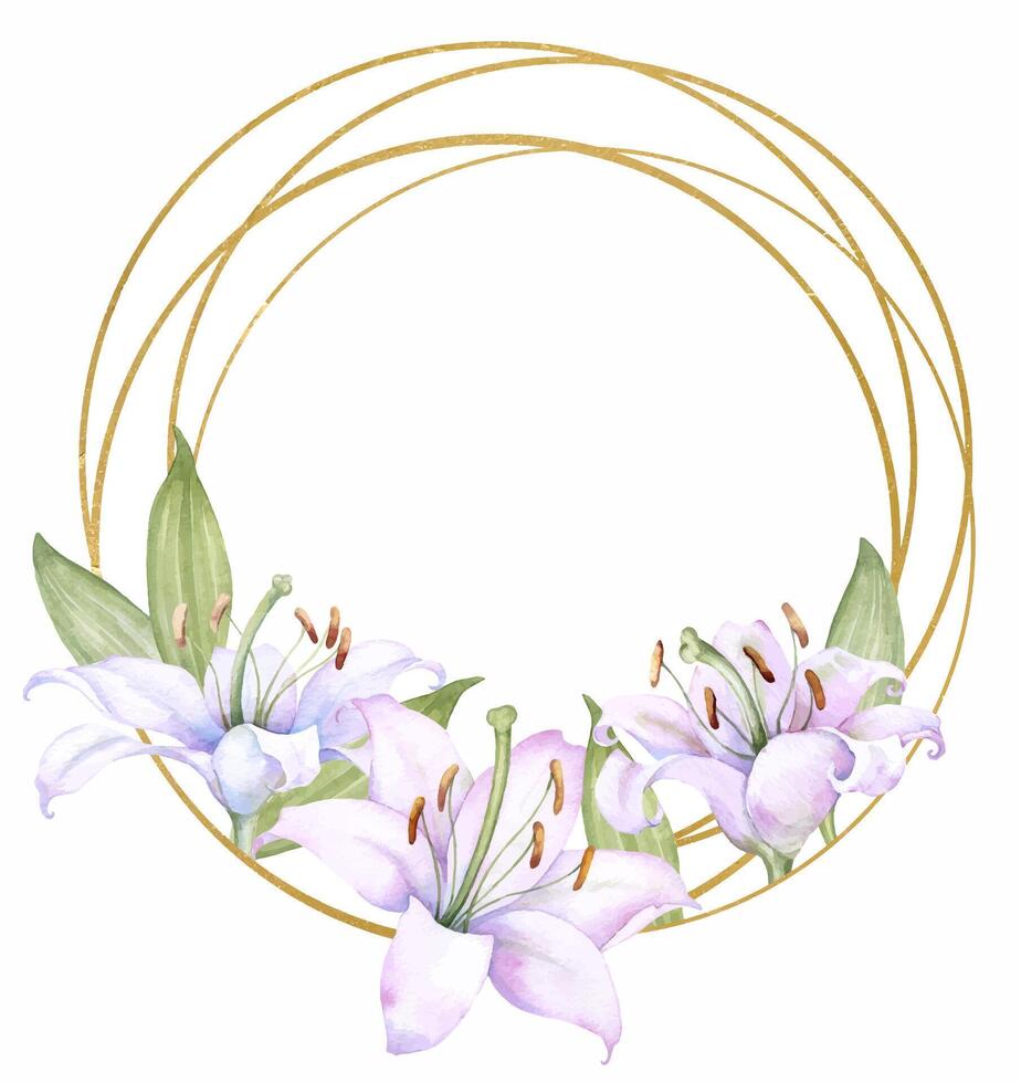Round gold frame wreath with white and pink lily flowers, watercolor illustration. Isolated on white. Ideal for decorating wedding invitations vector