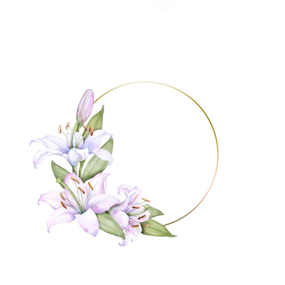 Round gold frame wreath with white and pink lily flowers, watercolor illustration. Isolated on white. Ideal for decorating wedding invitations, and posters vector