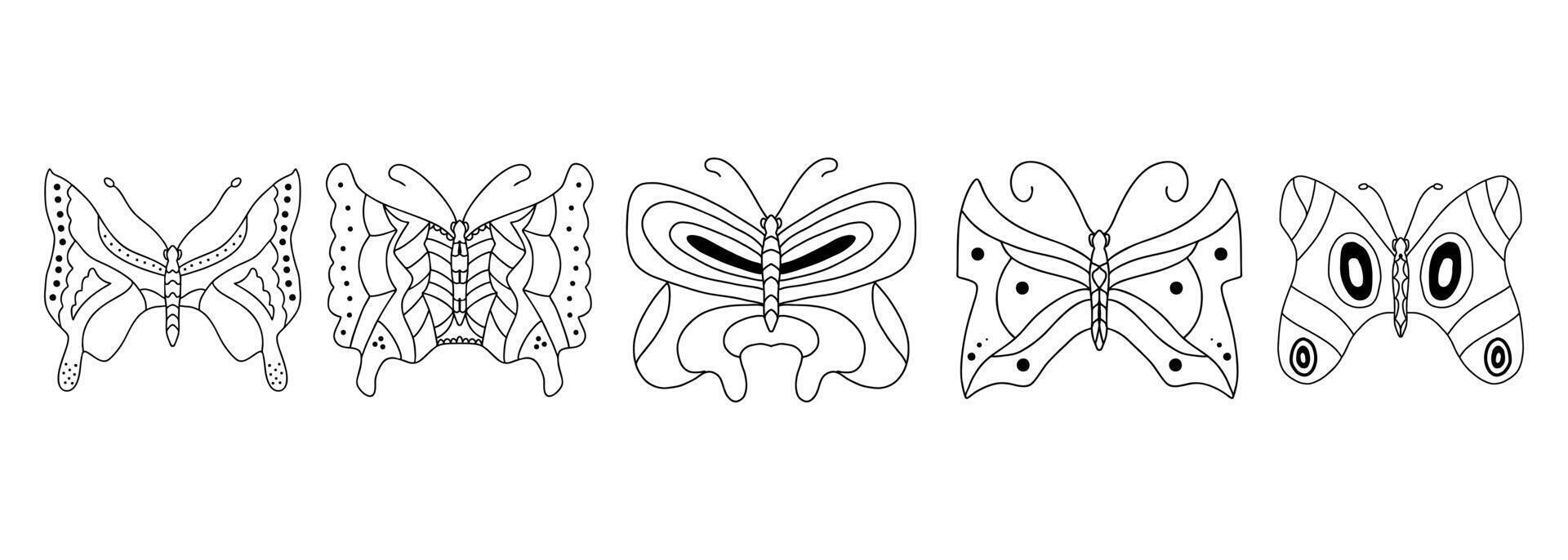 Collection of 5 Stylized Butterfly Line Illustrations, Elegant Monochrome Insect Art for Creative Design. vector