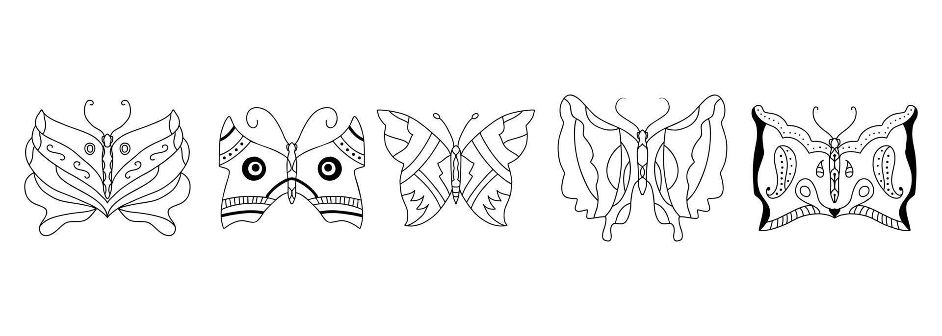 Hand-Drawn Butterfly Pack, Five Original Line Art Designs in Black and White for Artistic and Educational Use. vector