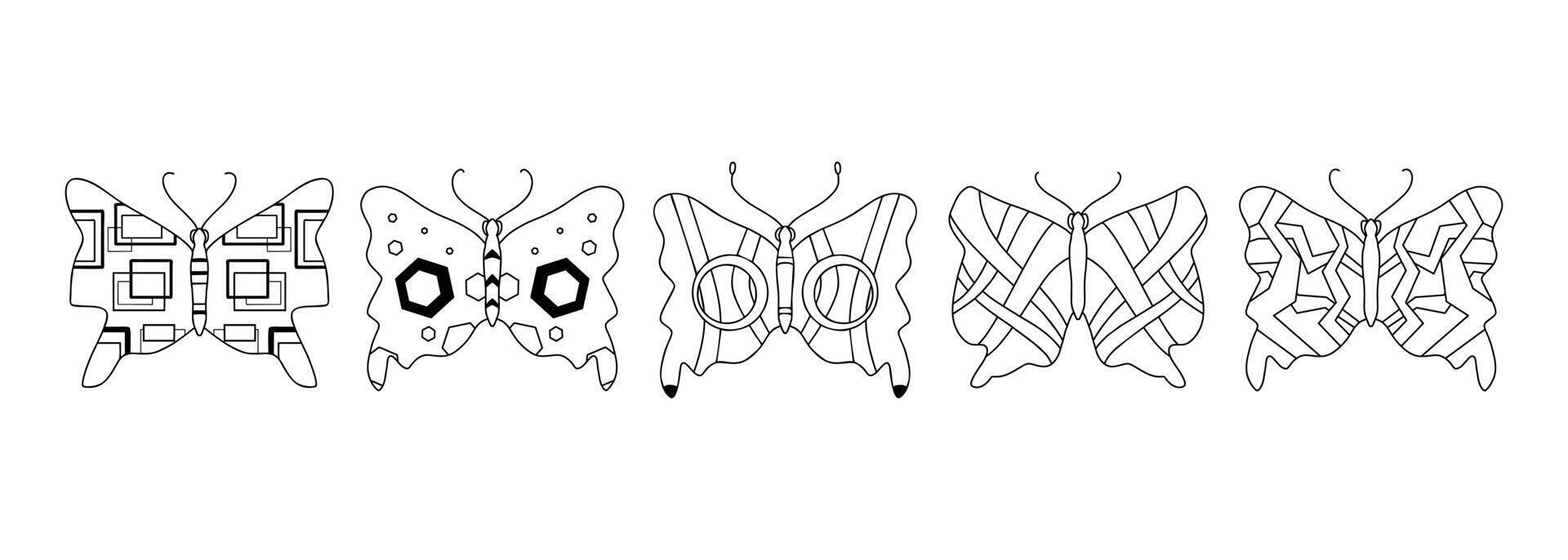 Five Distinct Butterfly Line Drawings, Style Black and White Illustrations for Coloring Pages or Graphic Design. vector