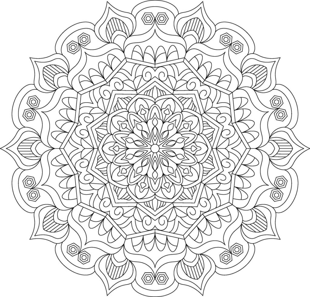 Intricate Mandala Design with Geometric Shapes and Decorative Details. Ideal for Coloring Books, Mindfulness, Digital Art, and Craft Projects vector