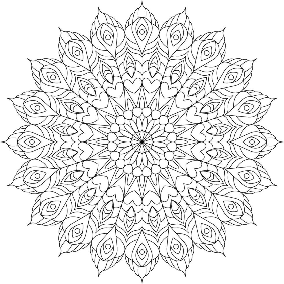 Mandala Art with Feather-Like Motifs and Heart ShapesIdeal . for Wall Art, Prints, and Intricate Design Projects vector