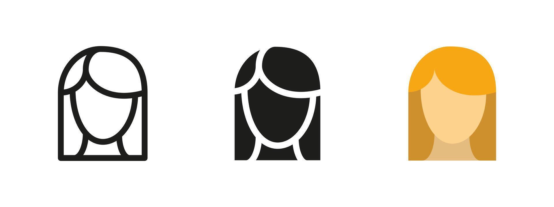 Woman icon. Female avatar illustration. Profile with long hair and faceless design. Personal identity and user character symbol. Portrait of woman for apps, profiles and social platforms. vector