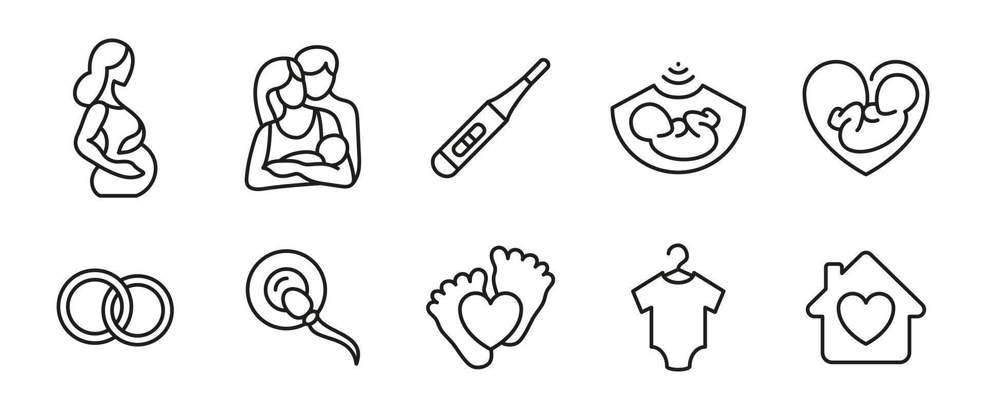 Pregnancy and baby icon. Outline symbols of parenthood, conception and infant care. Family planning and fertility illustration. Line signs for parenting, maternity services and childcare designs. vector