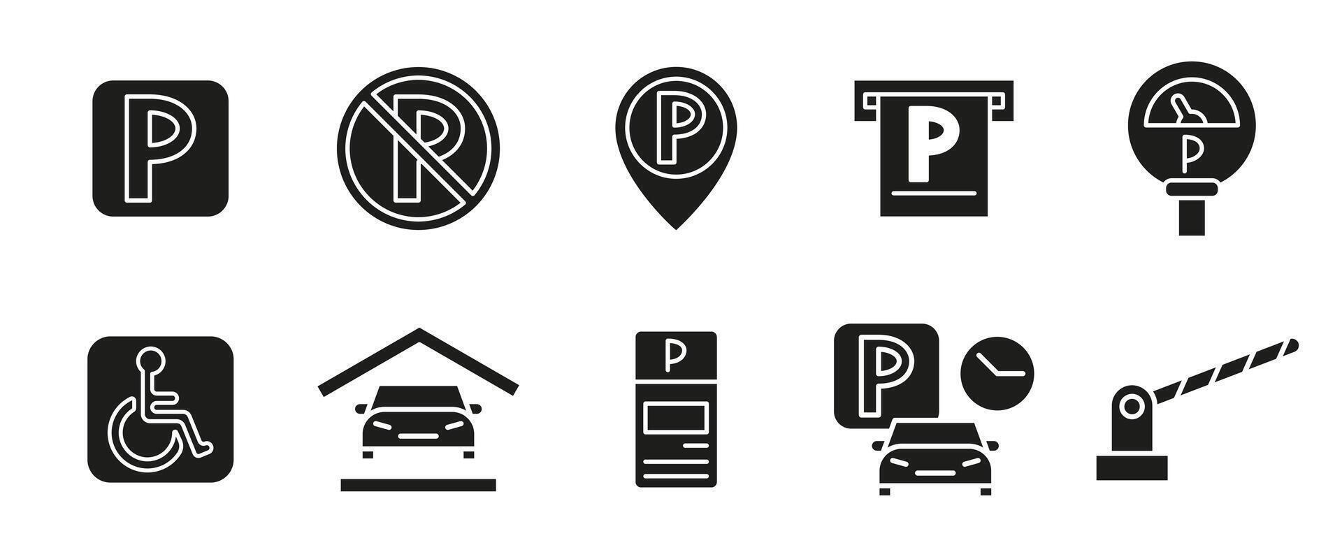 Parking icon set. Black parking signs and symbols including disabled access, location pin, meter and ticket machine. Useful for maps, road signs, apps and transport systems glyph icons. vector