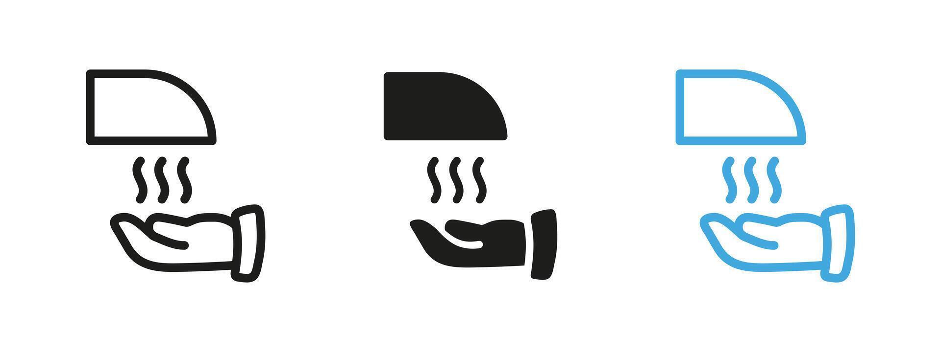Hand dryer icon. Blowing hot air onto palm illustration. Hygiene and sanitation symbol for public restrooms. Touchless hand drying pictogram promoting cleanliness and health safety. vector