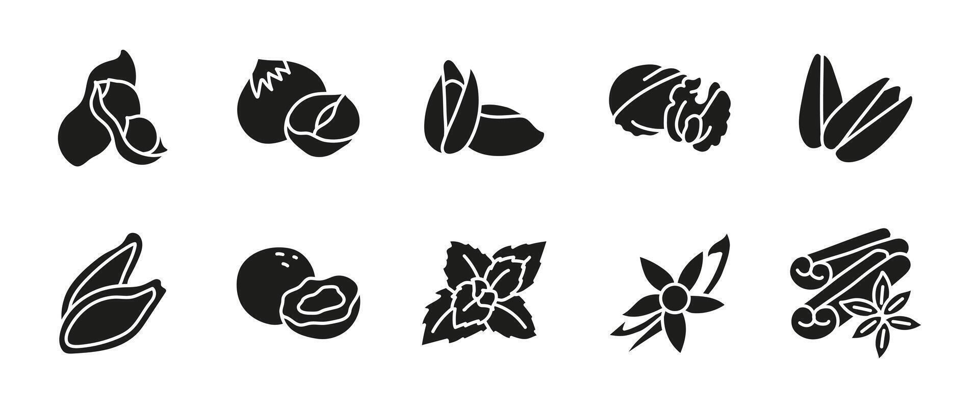 Nuts and spices black icon set. Glyph nut varieties including peanuts, pistachios and walnuts, alongside aromatic spices like cinnamon and vanilla. Healthy snack and flavor enhancer symbol. vector
