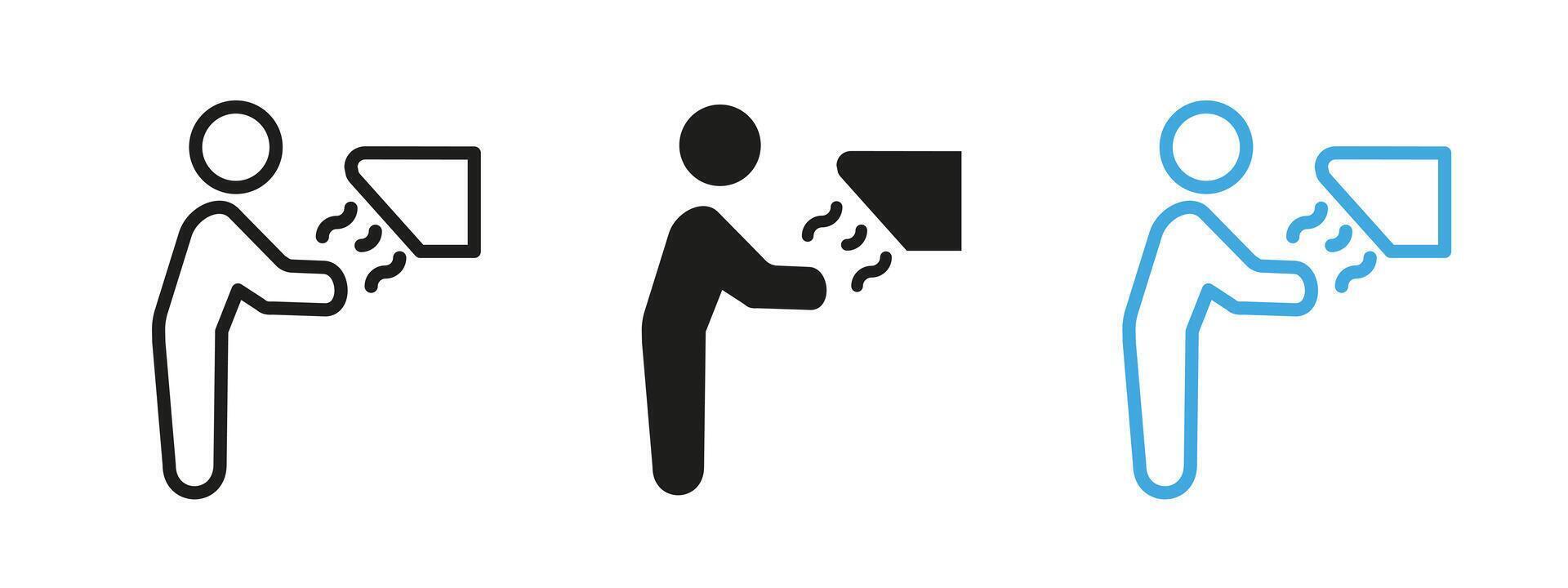 Drying hands icon. Person using air dryer illustration. Hygiene and cleanliness symbol for public restrooms. Hand sanitation pictogram promoting health and safety practices. vector
