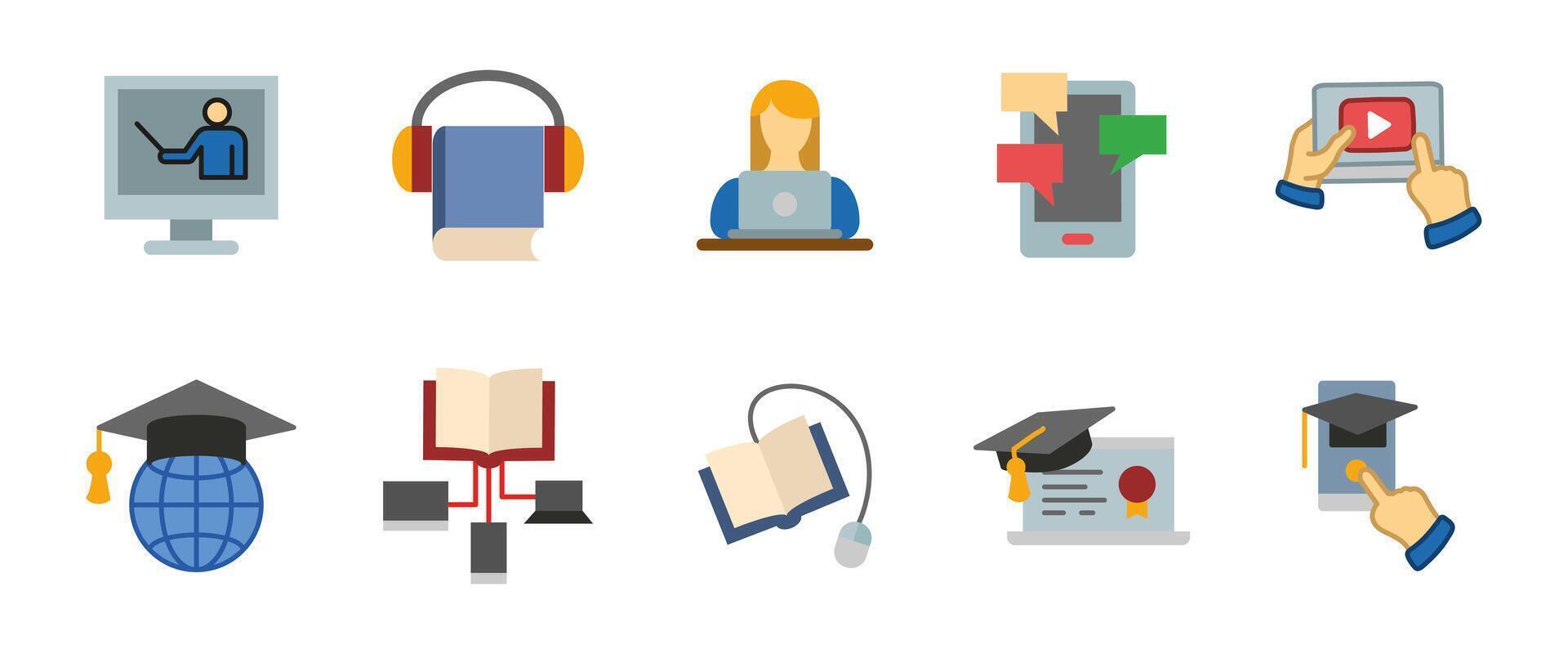 Online education icon. Colorful distance learning tools including books, laptops, tutorials, and mobile applications. Digital study cartoon symbol for virtual classrooms, e-learning platforms. vector