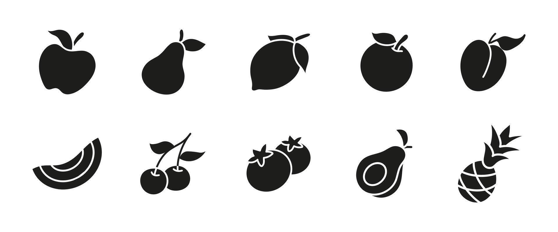 Fruit icon set. Black collection of fresh organic fruits including apple, lemon, orange, avocado and berries. Tropical and seasonal food illustration. Healthy diet and vegan nutrition food glyphs. vector