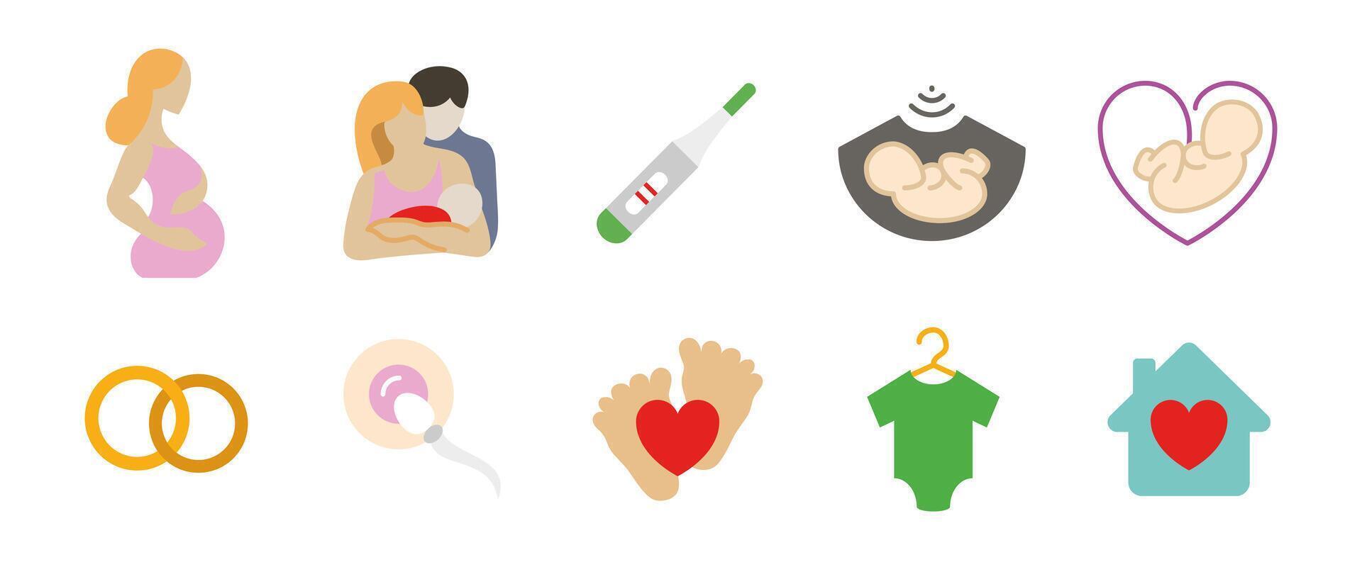 Pregnancy and baby icon. Colorful symbols of parenthood, conception and infant care. Family planning and fertility illustration. Cartoon signs for parenting, maternity services and childcare designs. vector