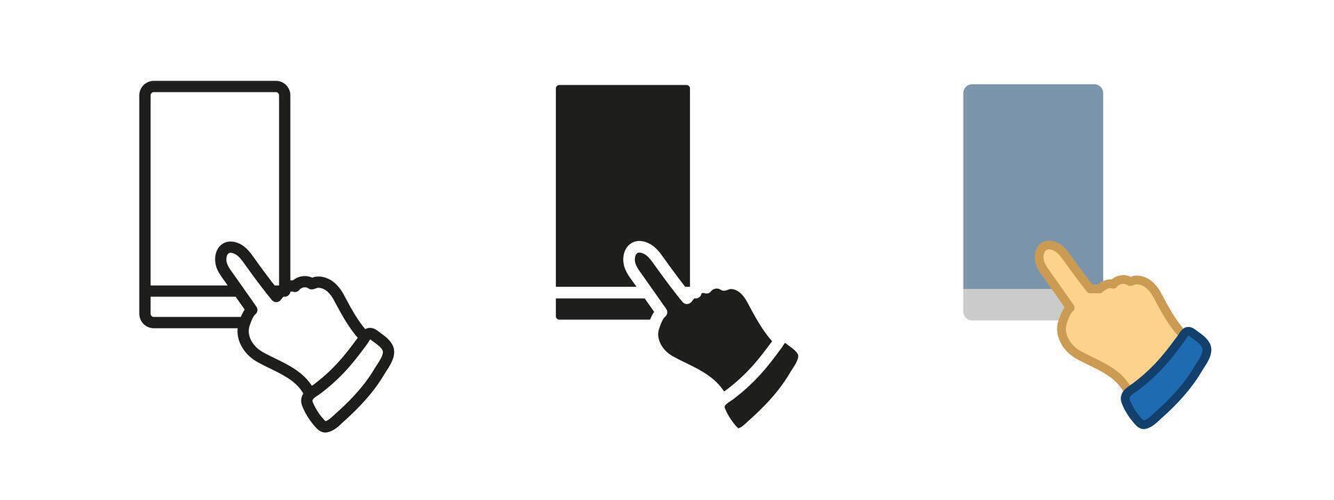 Touch screen icon. Tablet interface gesture illustration. Finger tap symbol for mobile device interaction. Digital control pictogram for smart technology and navigation design. vector