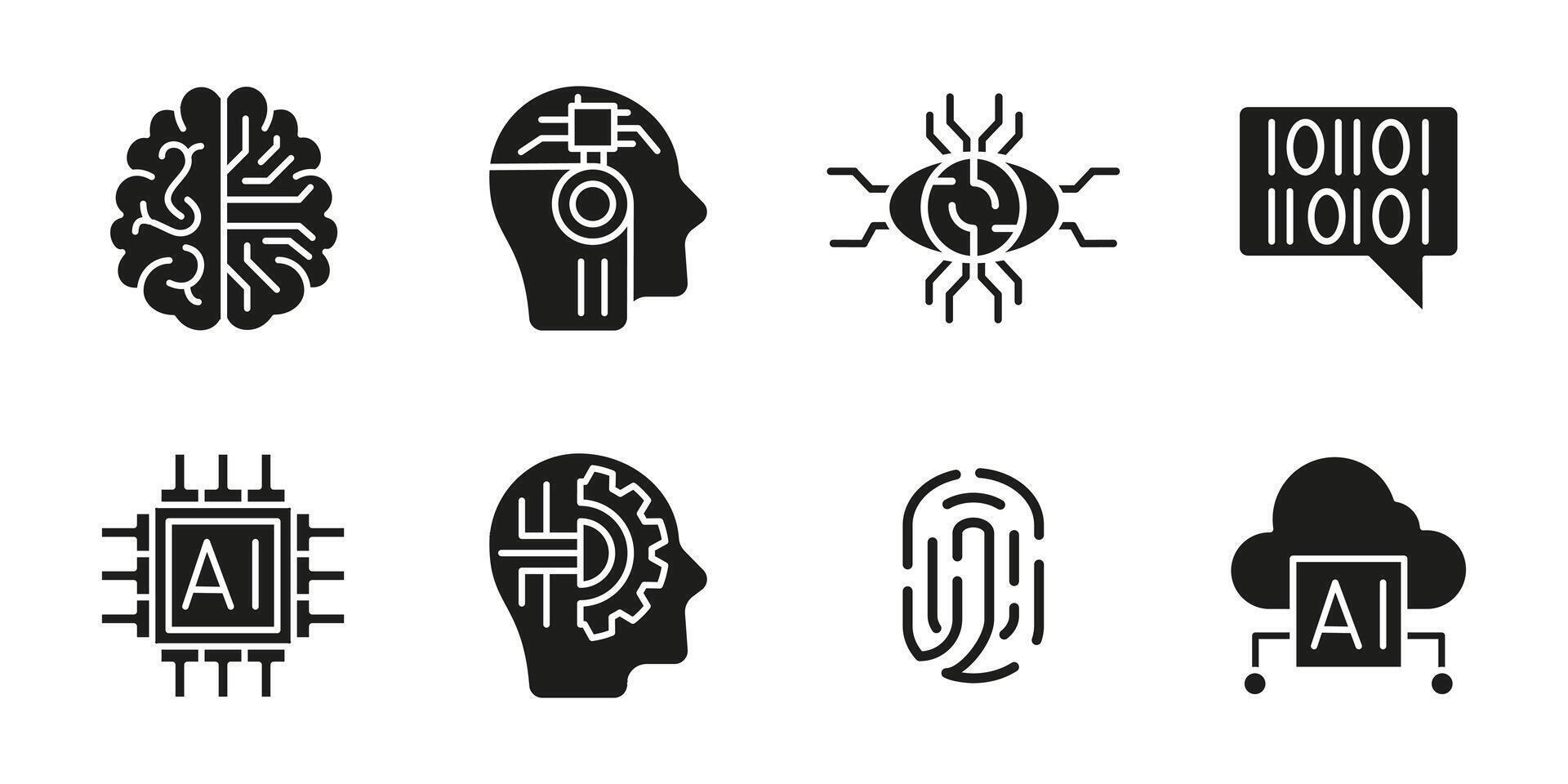 AI icon set. Artificial intelligence and machine learning black illustration. Collection of neural network, chip, fingerprint and cloud computing glyph symbols. Futuristic technology pictogram. vector