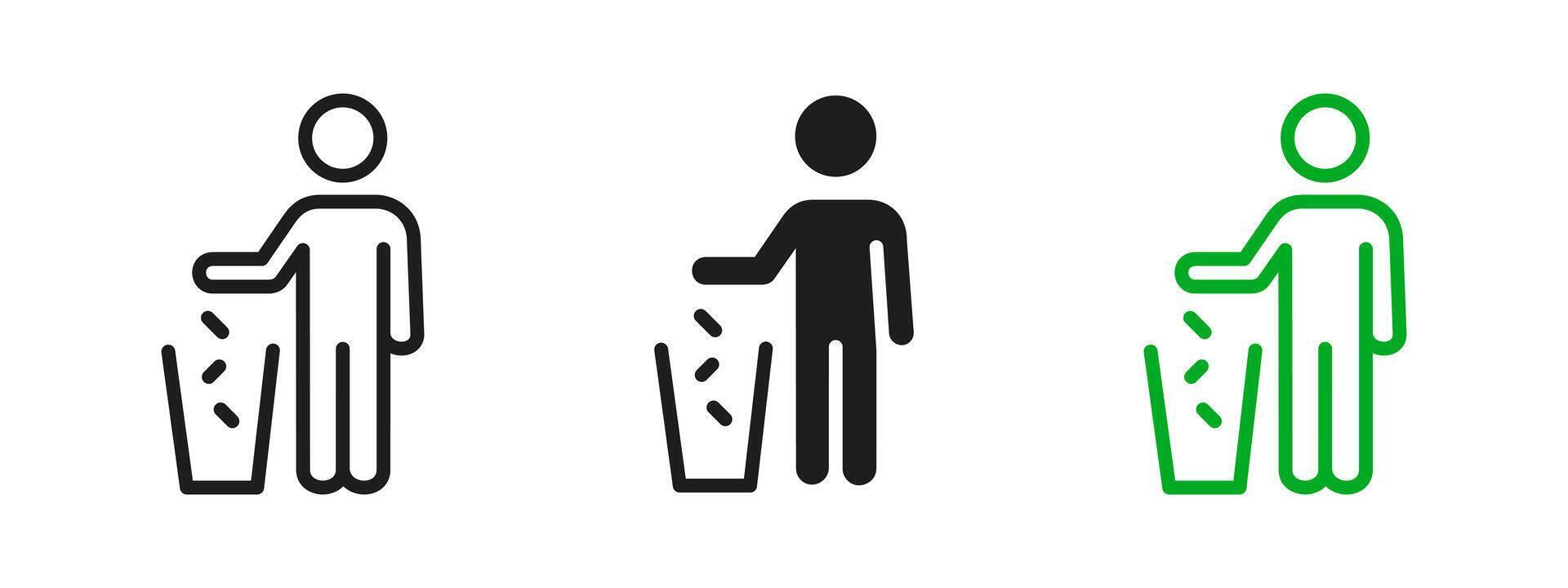 Recycle icon. Person throwing trash into a bin illustration. Waste disposal and litter reduction symbol. Environmental pictogram promoting sustainability, cleanliness and eco-friendly behavior. vector