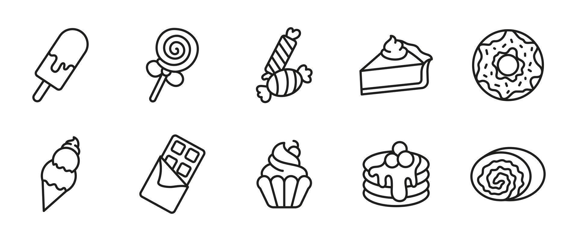 Dessert icon set. Line sweet treats and sugary snacks illustration. Candy, cupcake, donut and chocolate pictograms. Sweets collection symbol for food menu, confectionery or culinary design. vector