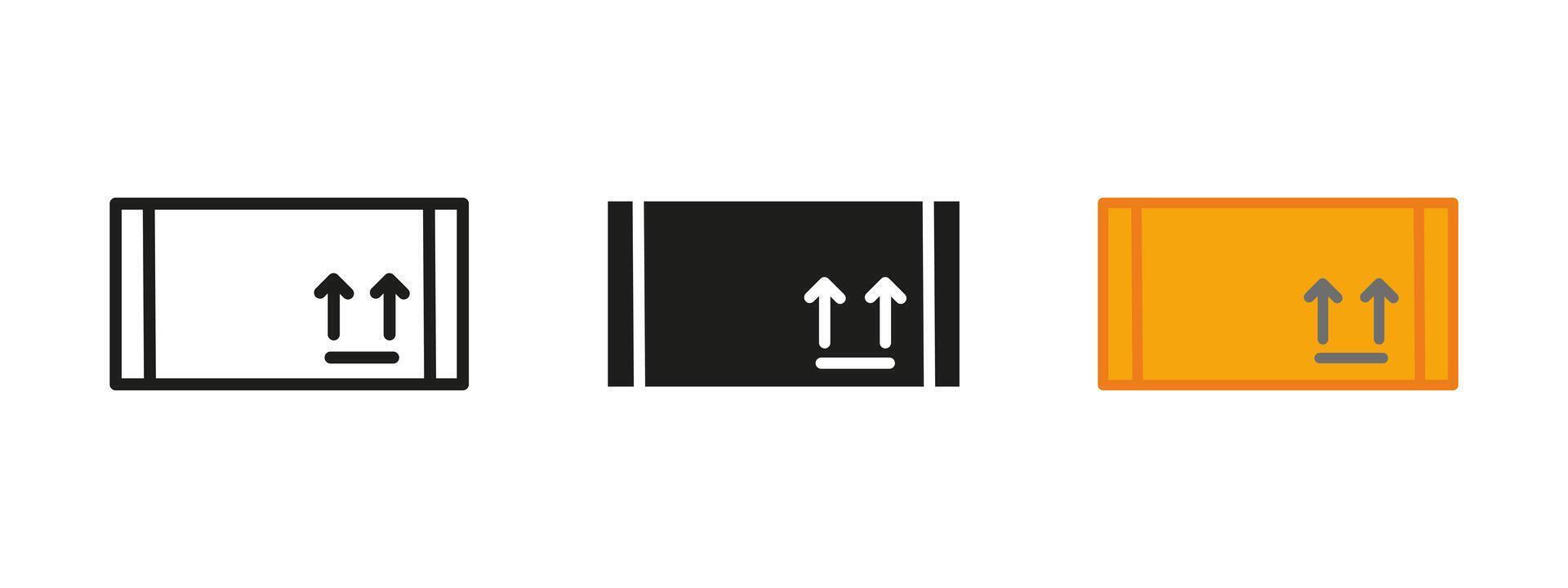 Package icon. Shipping box with fragile symbol illustration. Carton container handling direction arrows. Logistics and transport label sign. Postal parcel for delivery and storage pictogram. vector