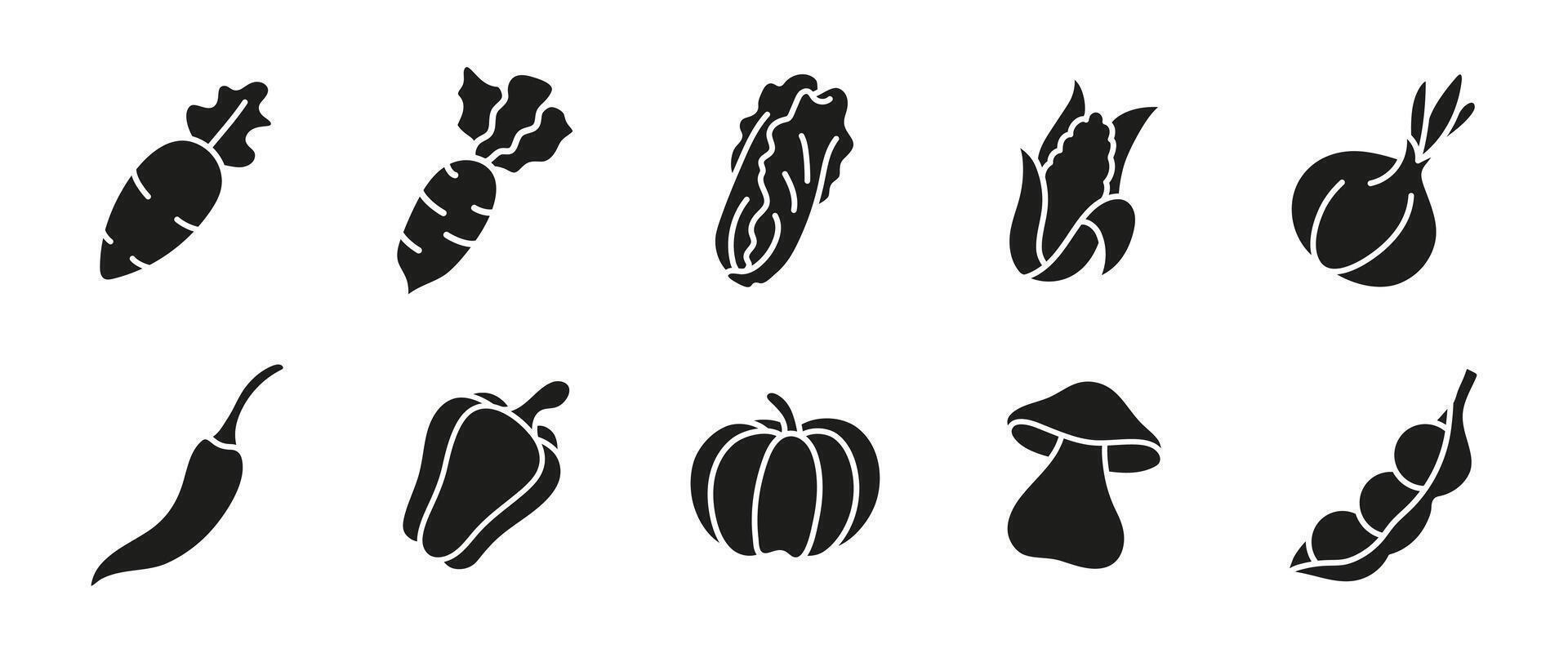 Vegetable black icon set. Glyph organic vegetables illustration including carrot, pepper, onion, corn, mushroom and pumpkin. Natural and healthy nutrition symbols and silhouettes. vector