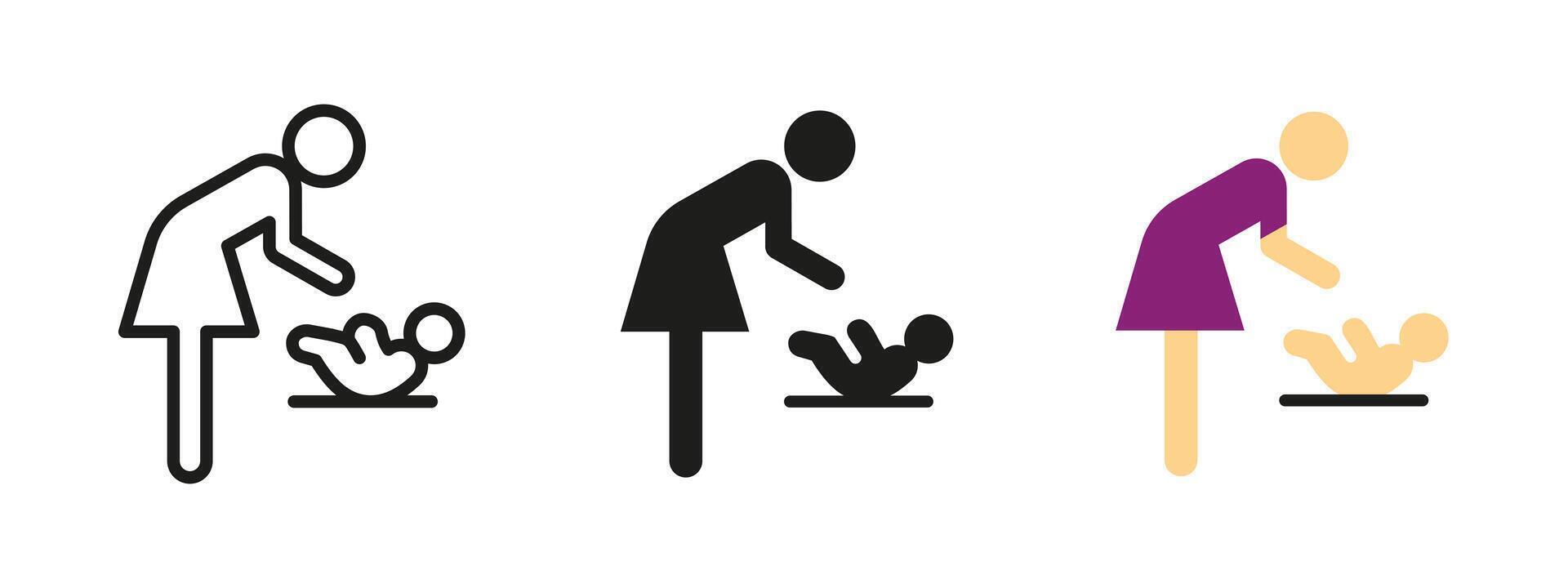 Baby changing icon. Mother leaning over to care for infant on changing table illustration. Parental support symbol for maternity rooms, restrooms and family-friendly spaces. vector