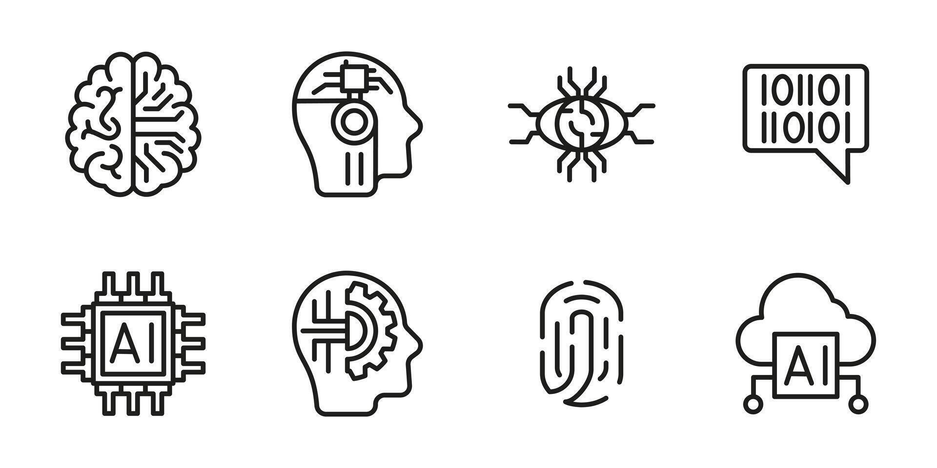 AI icon set. Artificial intelligence and machine learning outline illustration. Collection of neural network, chip, fingerprint and cloud computing line symbols. Futuristic technology pictogram vector