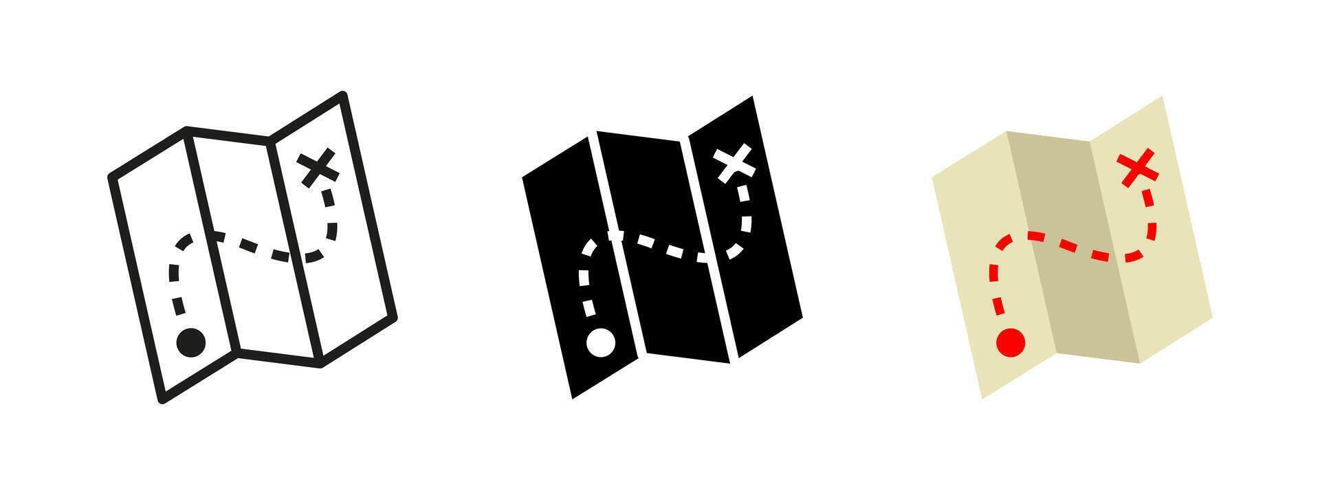 Treasure map icon. Folded map with dotted route and X mark illustration. Navigation and exploration symbol for travel or game design. Adventure journey pictogram with marked destination. vector