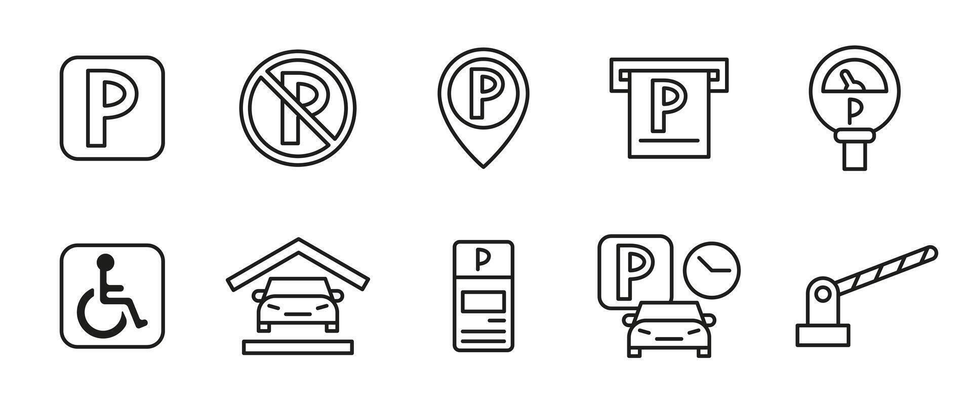 Parking icon set. Outline parking signs and symbols including disabled access, location pin, meter and ticket machine. Useful for maps, road signs, apps and transport systems line icons. vector