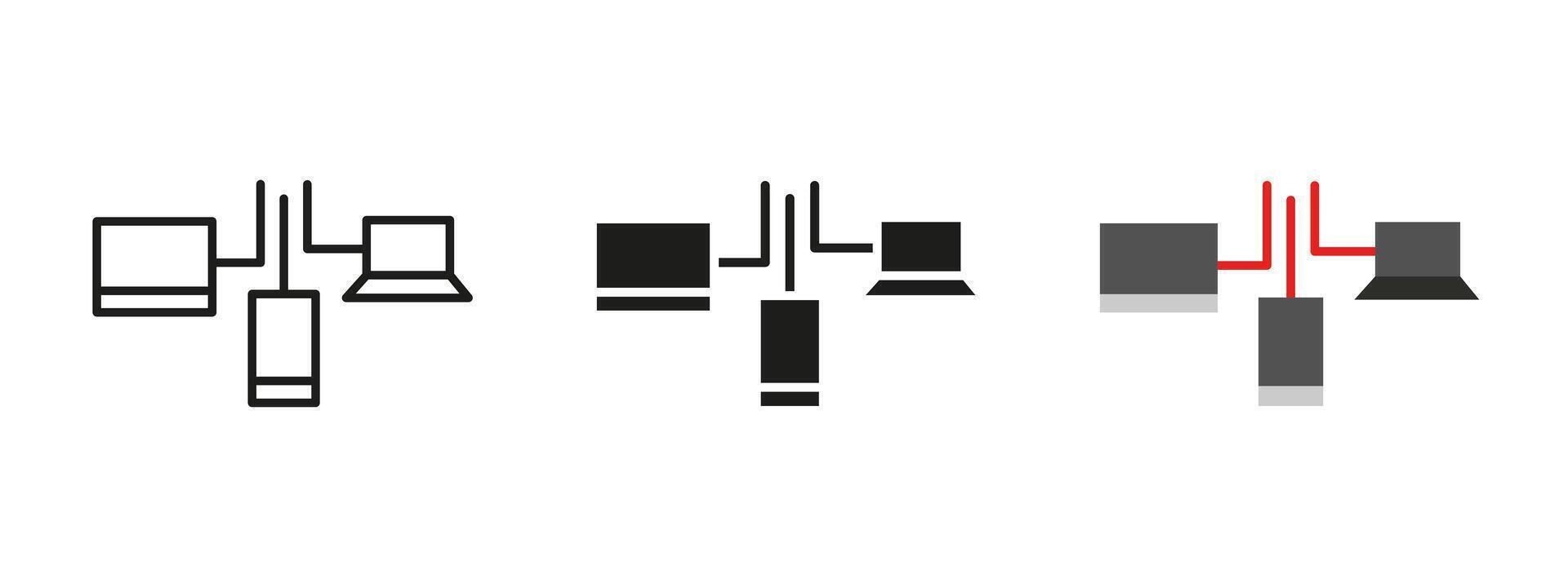 Network connection icon. Linked computer and device illustration. Communication system symbol for data sharing and internet structure. Digital web and server connection pictogram. vector