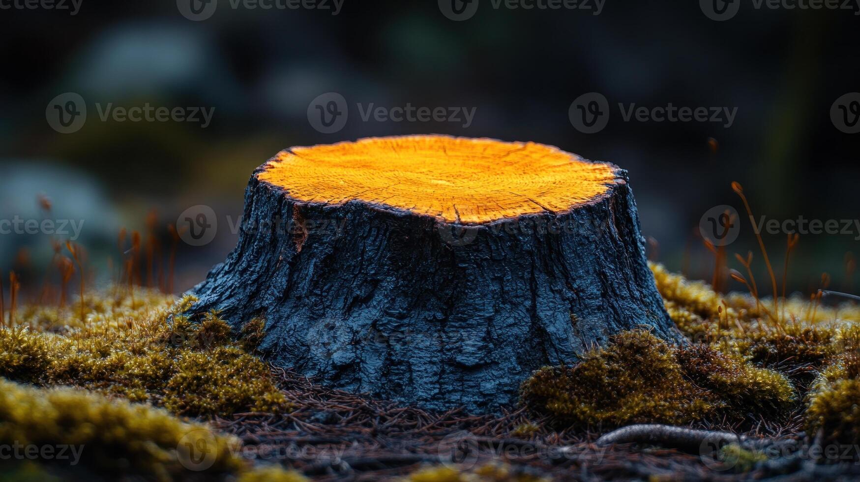A tree stump surrounded by moss and forest elements. photo