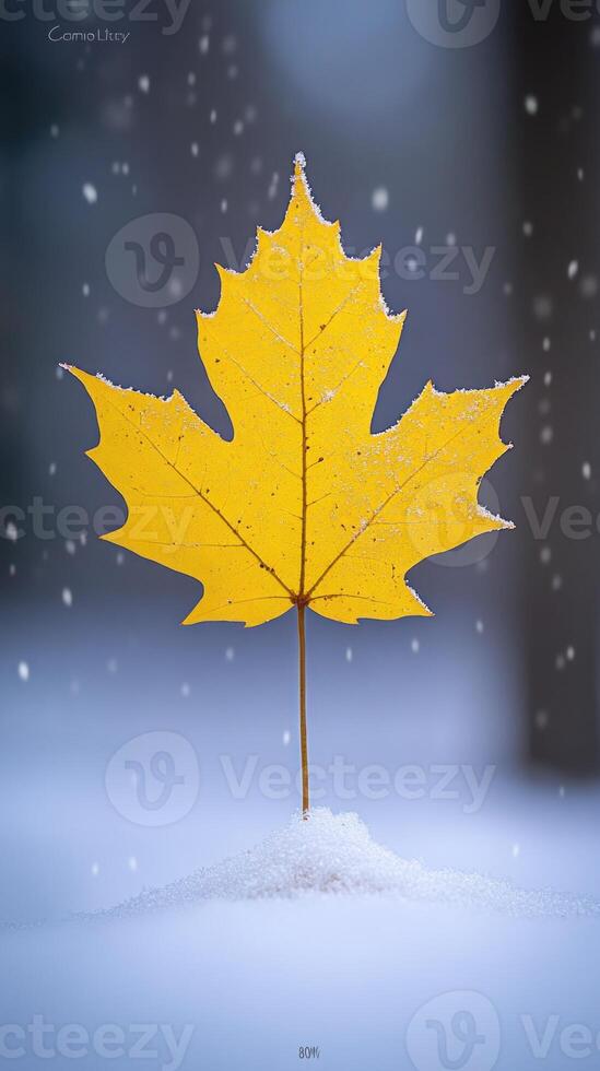 creative photo A vibrant yellow leaf stands in snow amidst falling snowflakes.