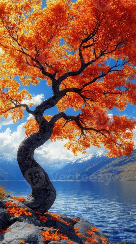 A vibrant autumn tree by a serene lake. photo