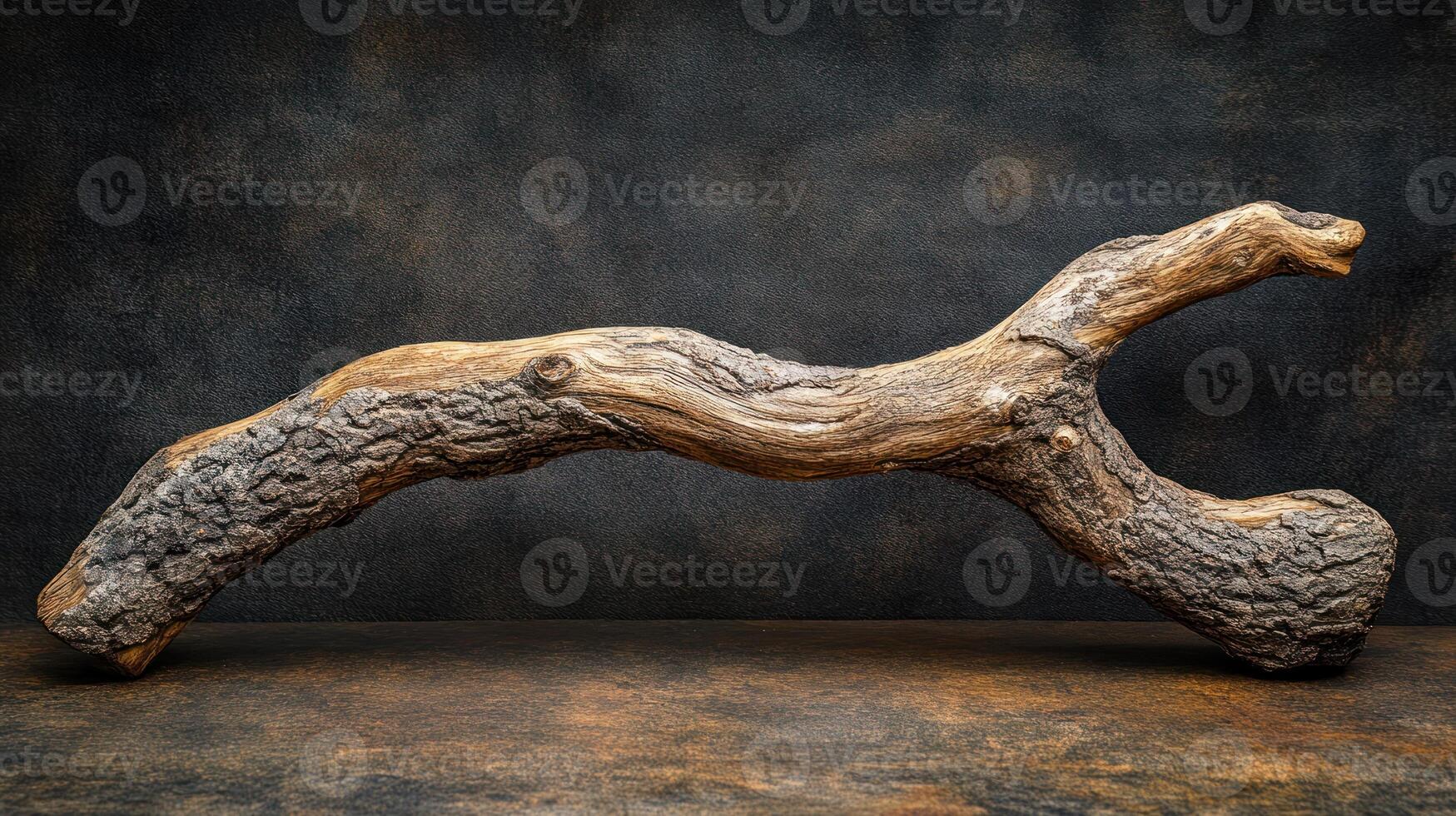 A textured wooden branch on a dark background. photo