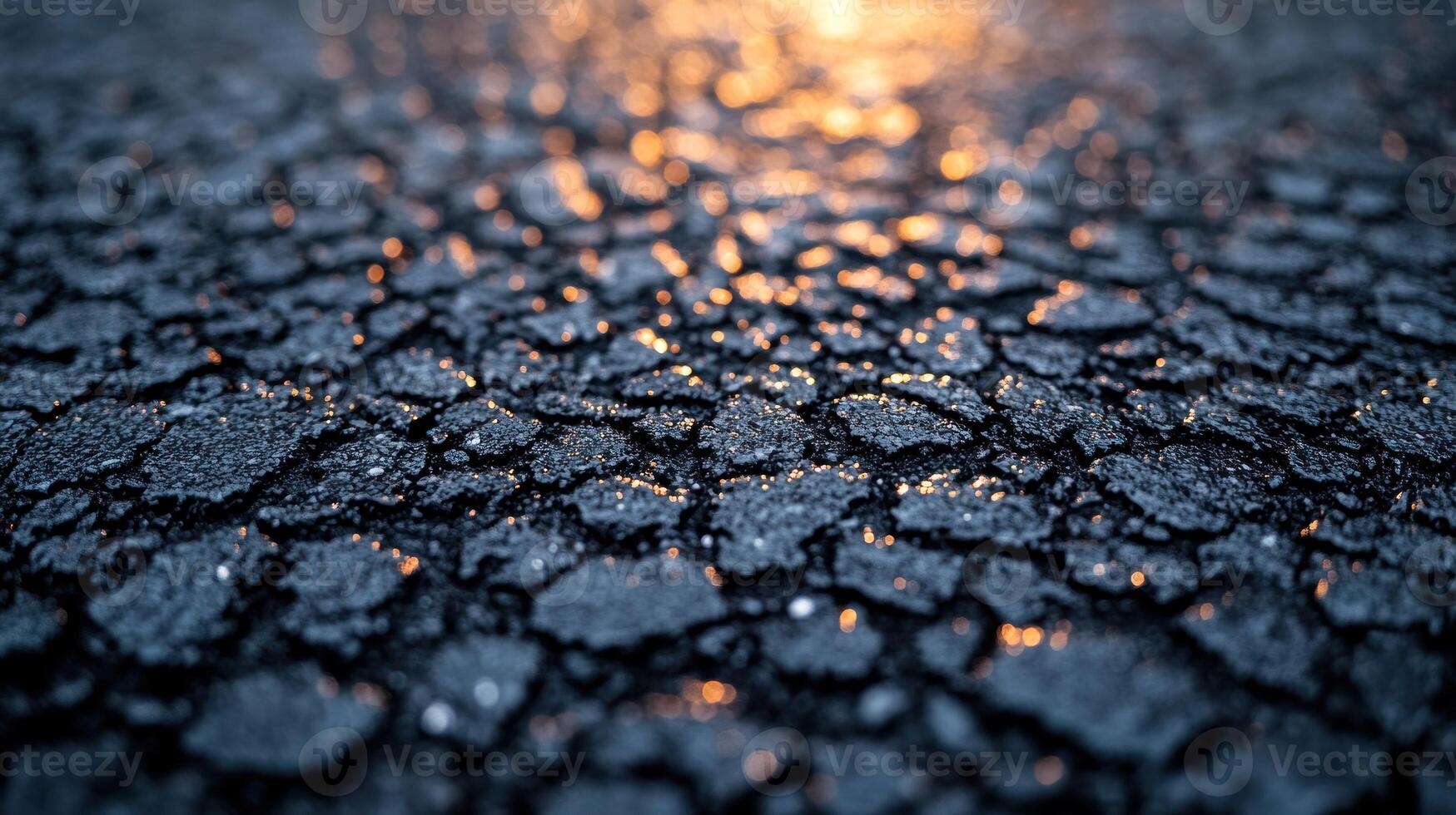 Close-up of cracked asphalt with reflective surface. photo