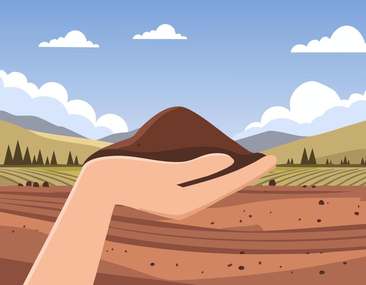 A hand holding a pile of dirt in front of a field vector